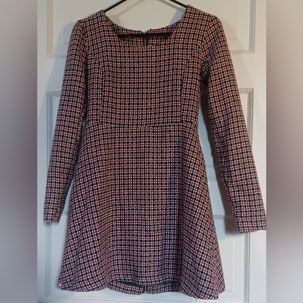 Kling Red and Black with white, Long Sleeve Dress with zipper on the back